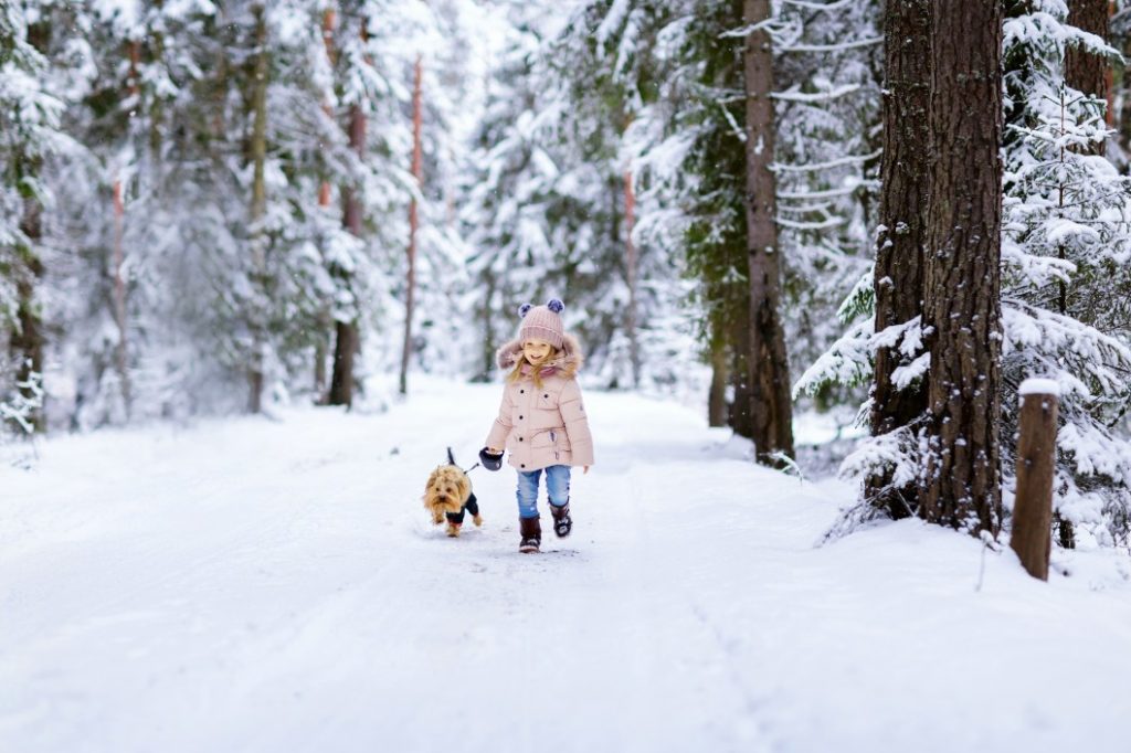 Vaikas su šuniuku žiemą miške